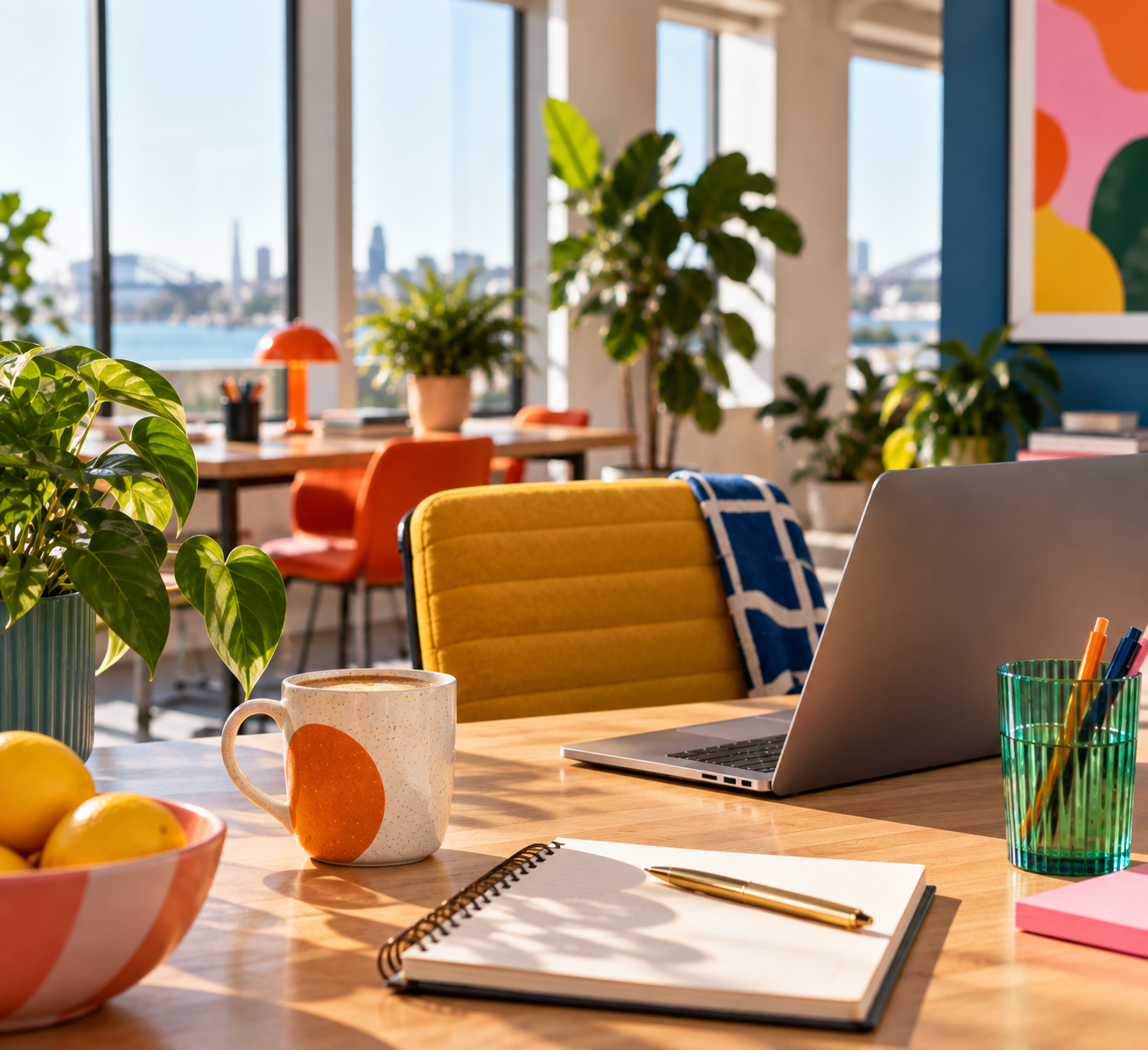 Bright, colourful modern office workspace with a laptop, coffee, notebook and plants, accented with orange, blue, green and yellow.
