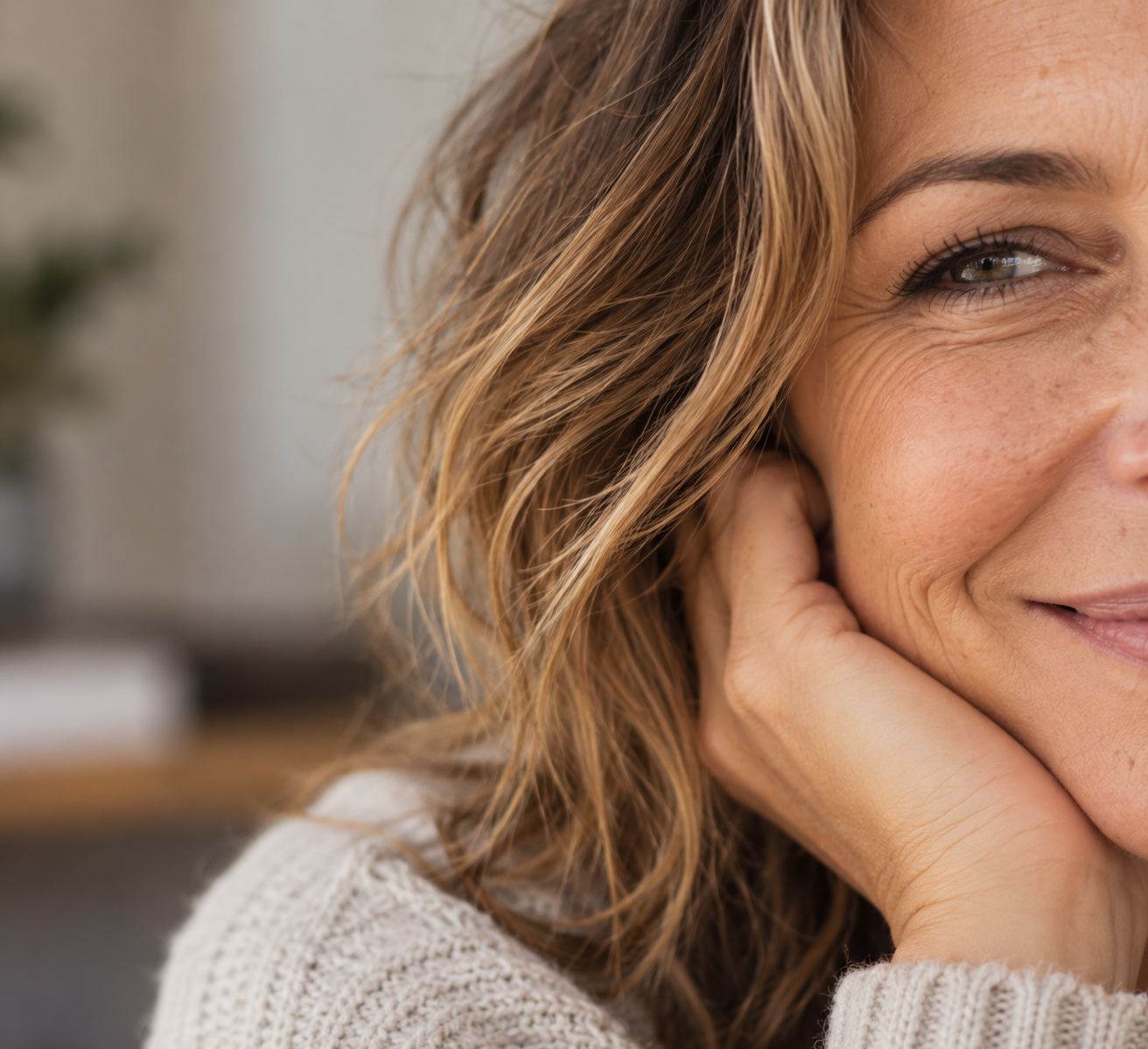 Close-up of half a smiling midlife woman’s face, showing a natural expression and softly lit skin.