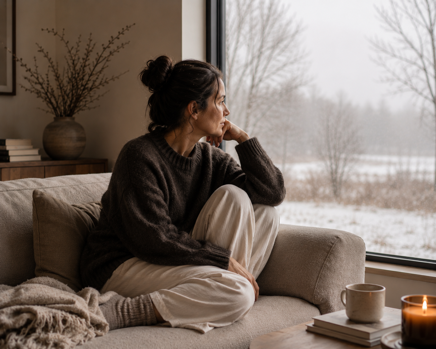 Woman in a cosy neutral-toned living room, sitting curled up on a sofa and gazing out a winter window, with a warm candle and mug nearby.