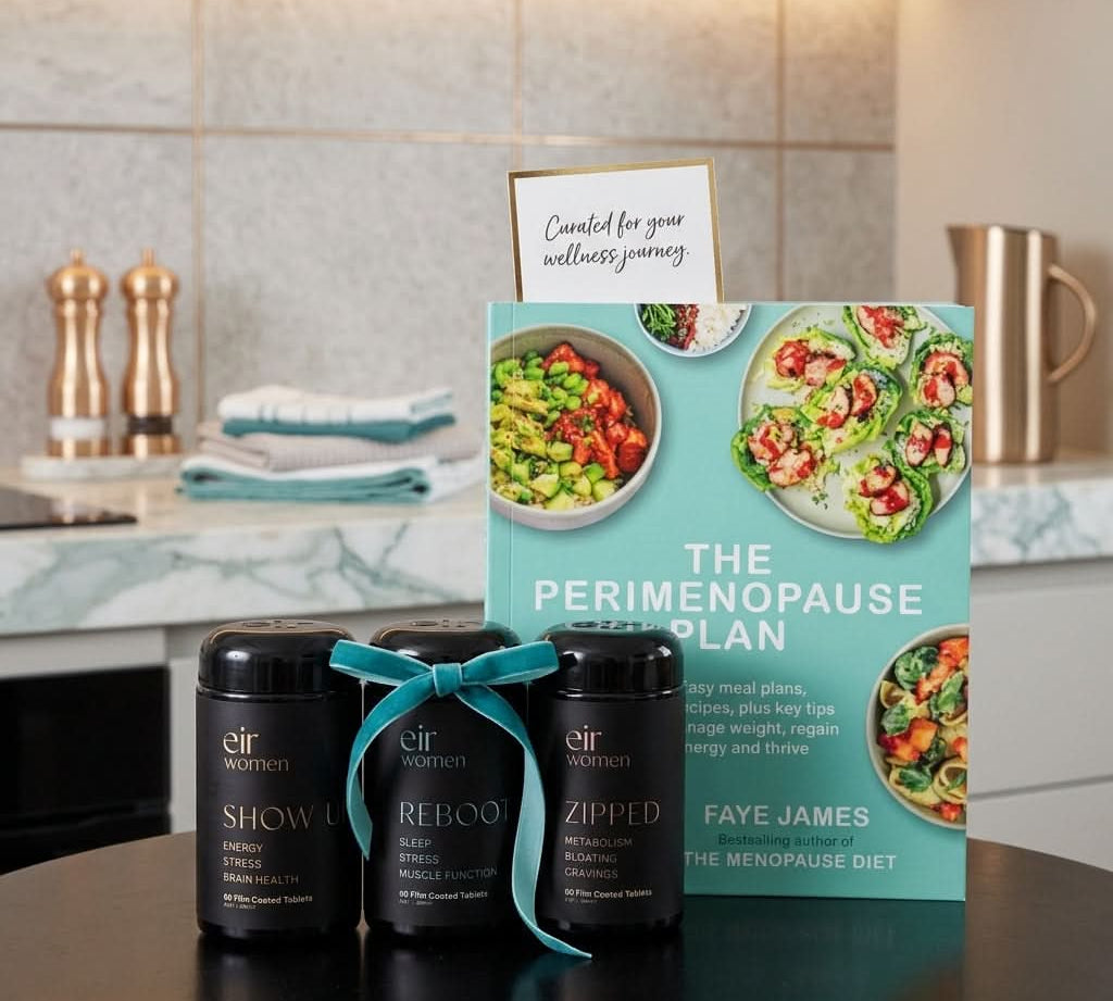 Book titled 'The Perimenopause Plan' by Faye James with three black Eir bottles on a kitchen counter.