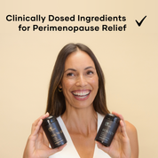 Happy woman holding Show Up and Reboot bottles