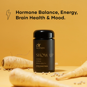 Black glass Show Up Bottle with American Ginseng, Eir supplement for hormone balance, energy, brain health, and mood