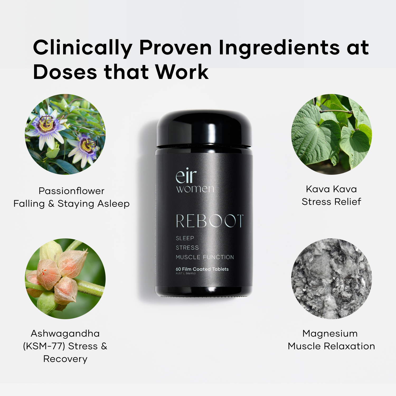 Black bottle of Reboot Eir Supplement with ingredients Passionflower, Kava Kava, Ashwagandha, Magnesium