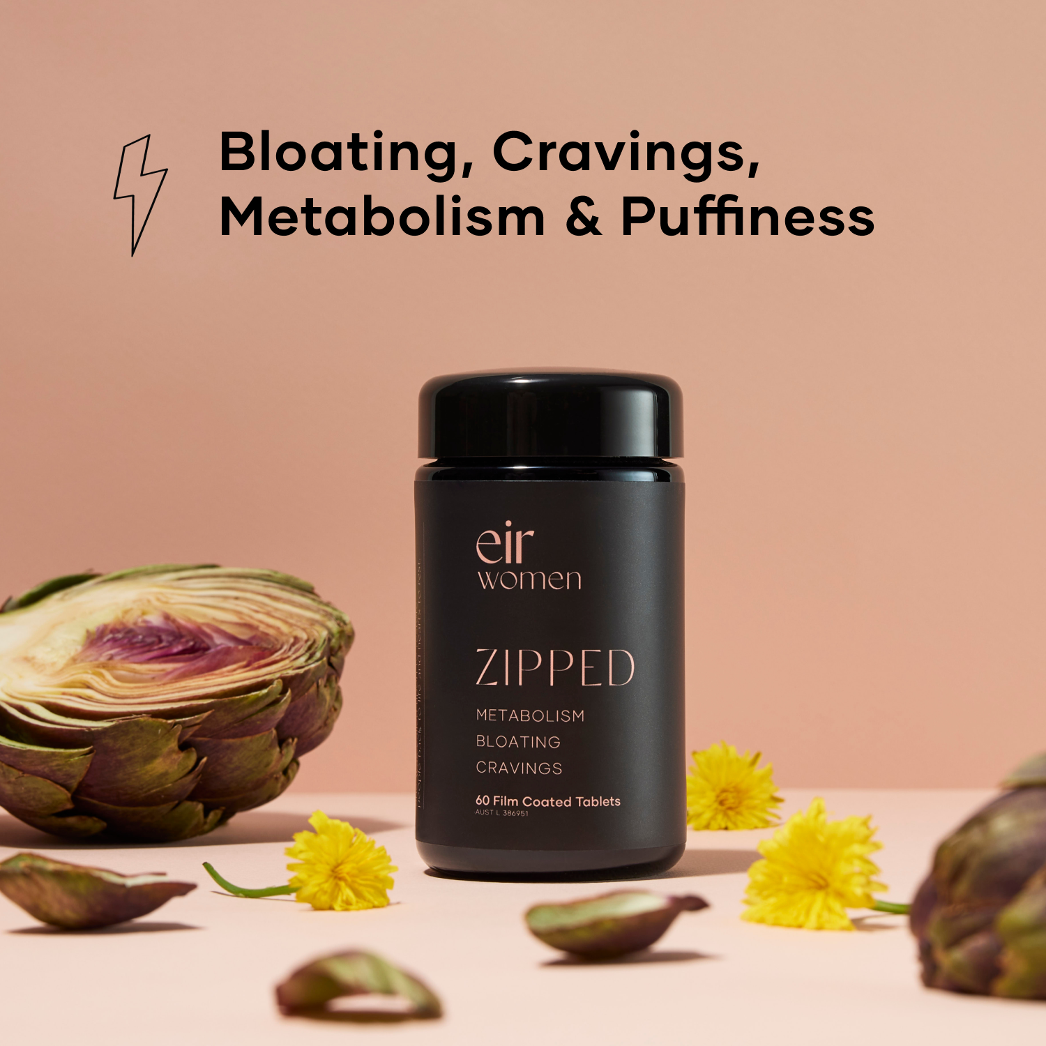 Black glass bottle of Zipped Eir Supplement for bloating, cravings, metabolism, and puffiness