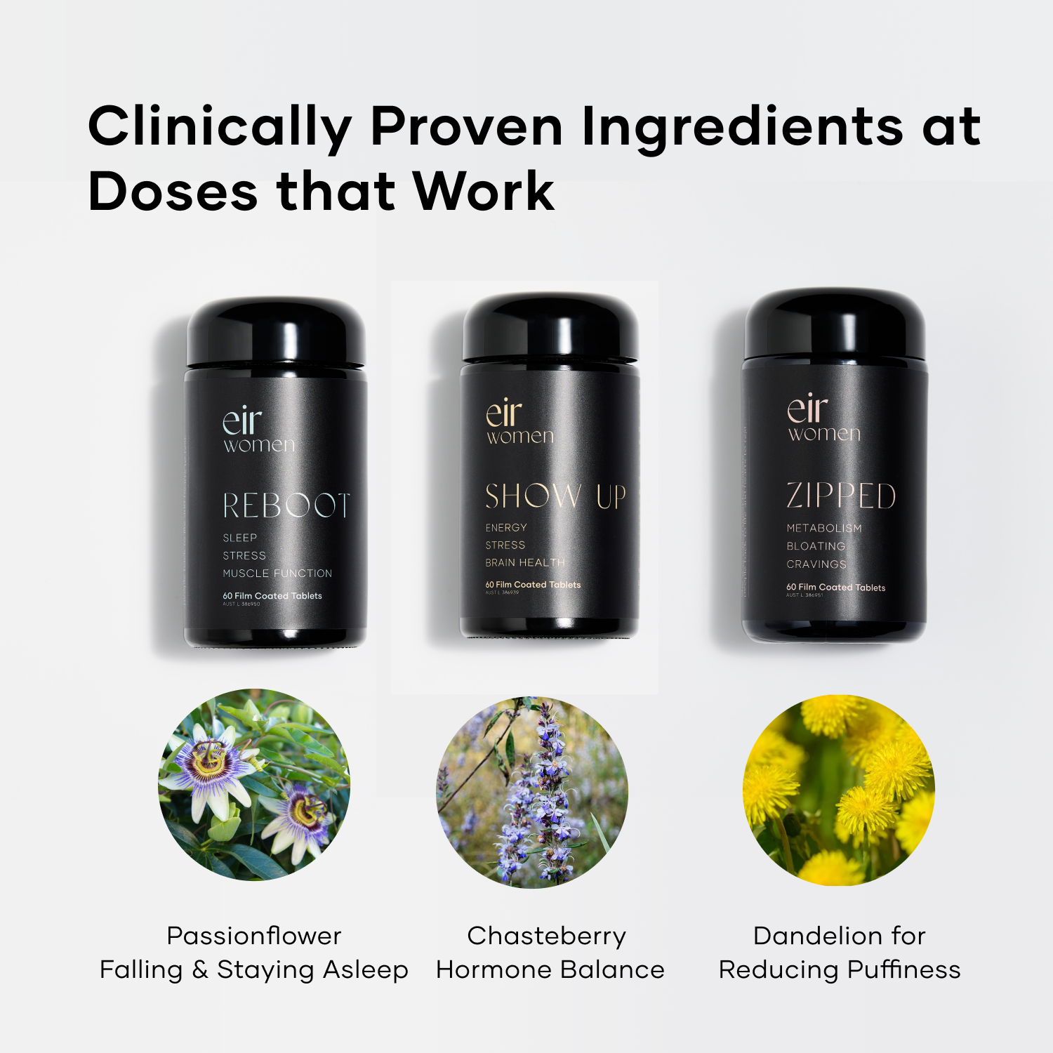 Triple Threat bottles with key ingredients Passionflower, Chasteberry and Dandelion