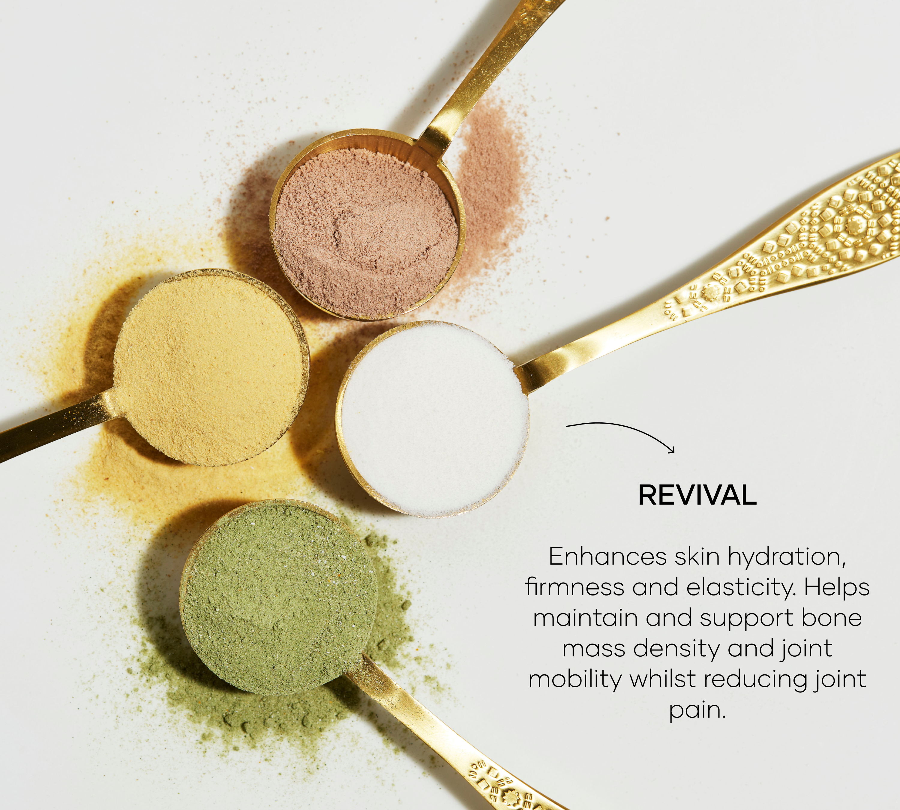4 gold teaspoons with coloured powders from Eir products flourish, sparkle and revival