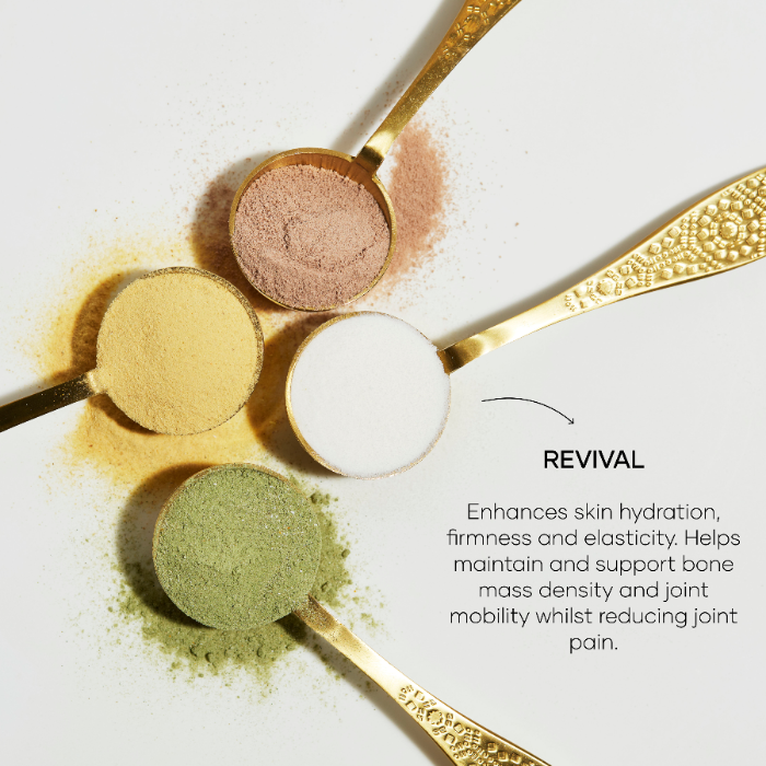 Four gold spoons with different colored powders on a white background, labeled 'Revival'.